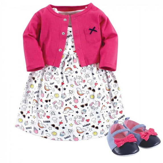 Little Treasure Baby Girl Cotton Dress, Cardigan and Shoe 3pc Set, Happy Rainbow, 0-3 Months