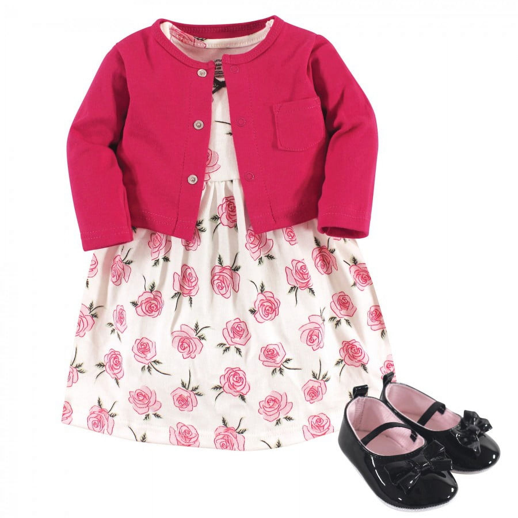 Little Treasure Baby Girl Cotton Dress, Cardigan and Shoe 3pc Set, Rose, 03 Months
