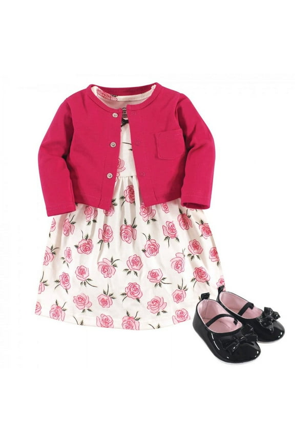 Baby Girl Cotton Dress, Cardigan and Shoe 3pc Set, Rose, 0-3 Months