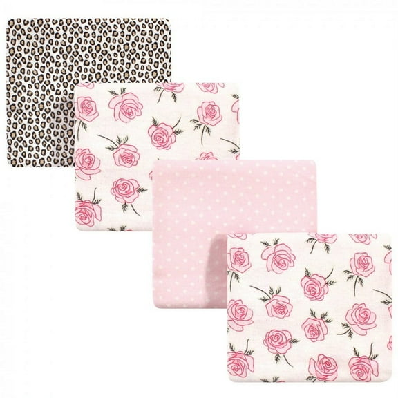 Little Treasure Baby Girl Cotton Flannel Receiving Blankets, Rose Leopard 4-Pack, One Size