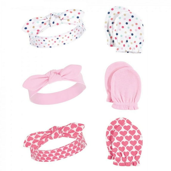 Little Treasure Baby Girl Cotton Headband and Scratch Mitten Set 6pk, Confetti, One Size