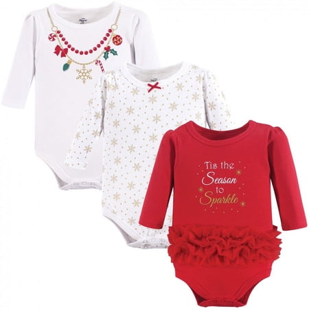 Little Treasure Baby Girl Cotton Long-Sleeve Bodysuits 3pk, Christmas Necklace, 6-9 Months