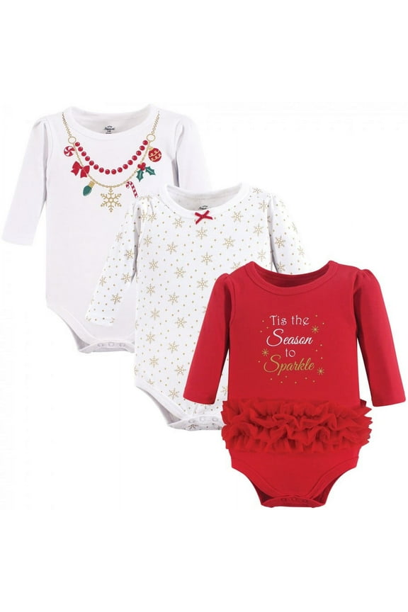 Baby Girl Cotton Long-Sleeve Bodysuits 3pk, Christmas Necklace, 6-9 Months