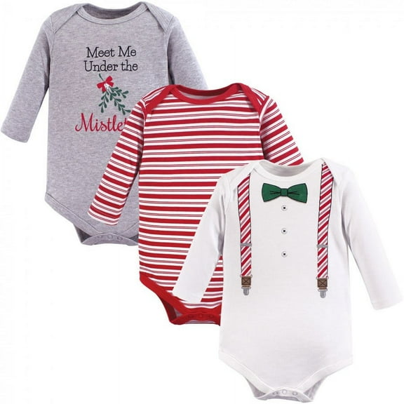Little Treasure Baby Girl Cotton Long-Sleeve Bodysuits 3pk, Christmas Suspenders, 0-3 Months