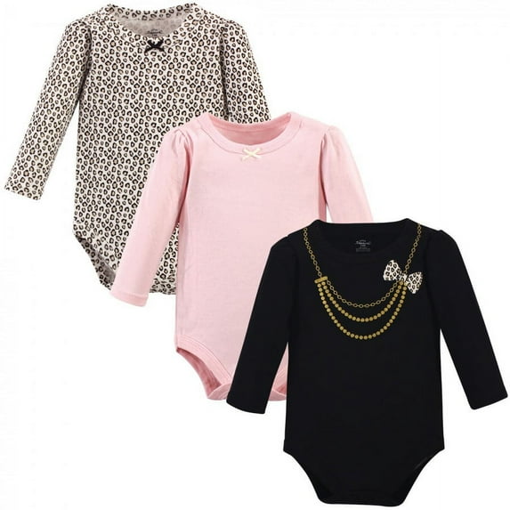 Little Treasure Baby Girl Cotton Long-Sleeve Bodysuits 3pk, Leopard Necklace, 12-18 Months