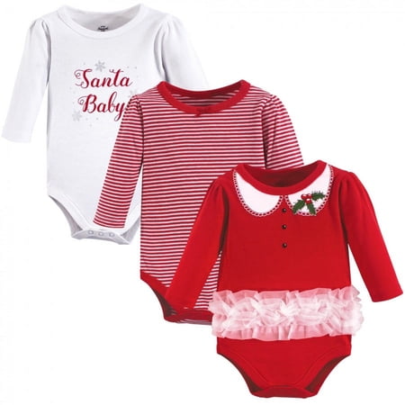 Little Treasure Baby Girl Cotton Long-Sleeve Bodysuits 3pk, Santa Baby, 6-9 Months