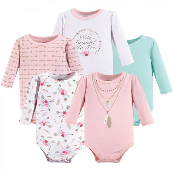 Little Treasure Baby Girl Cotton Long-Sleeve Bodysuits, 12-18 Months, 5-Piece