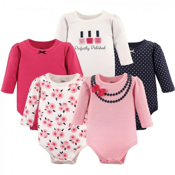 Little Treasure Baby Girl Cotton Long-Sleeve Bodysuits 5pk, Bow Necklace, 0-3 Months