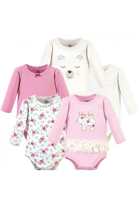 Baby Girl Cotton Long-Sleeve Bodysuits 5pk, Floral Baby Bear, 0-3 Months