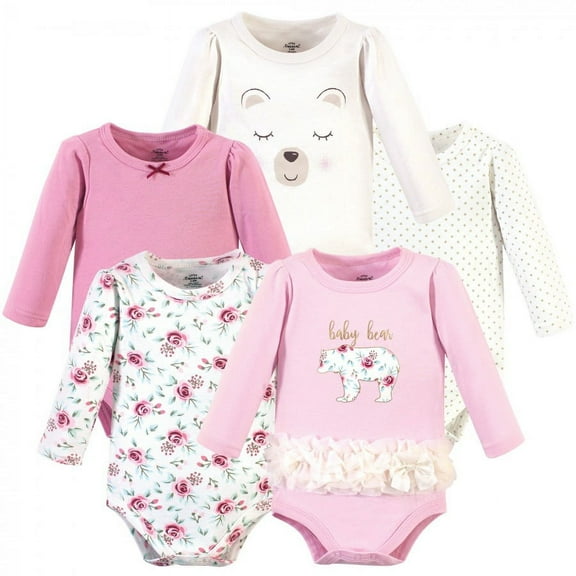 Little Treasure Baby Girl Cotton Long-Sleeve Bodysuits 5pk, Floral Baby Bear, 12-18 Months
