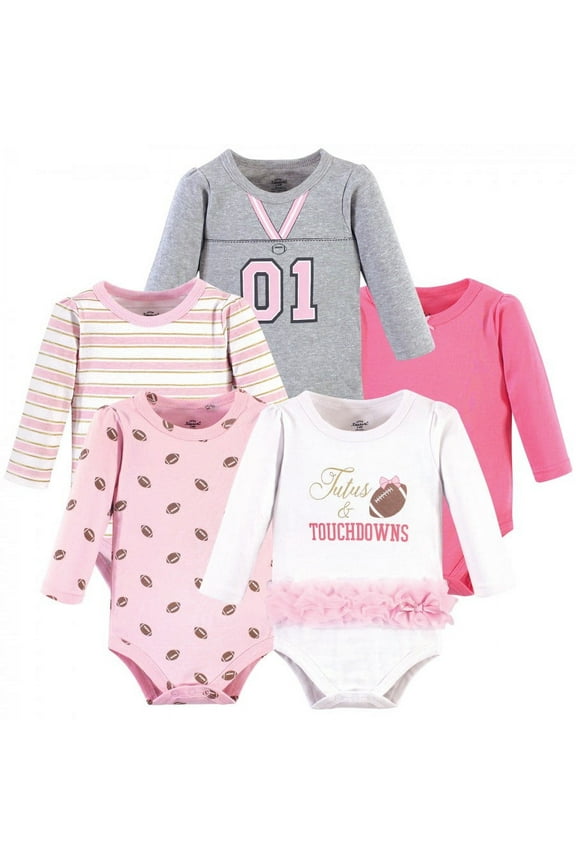 Baby Girl Cotton Long-Sleeve Bodysuits 5pk, Tutus Touchdowns, 0-3 Months