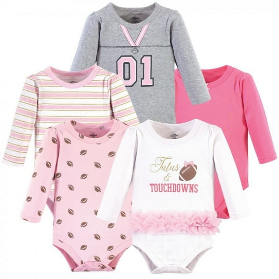 Little Treasure Baby Girl Cotton Long-Sleeve Bodysuits 5pk, Tutus Touchdowns, 9-12 Months