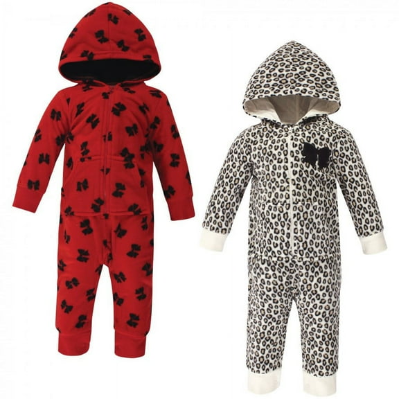 Little Treasure Baby Girl Fleece Jumpsuits and Coveralls 2pk, Leopard Bow, 0-3 Months