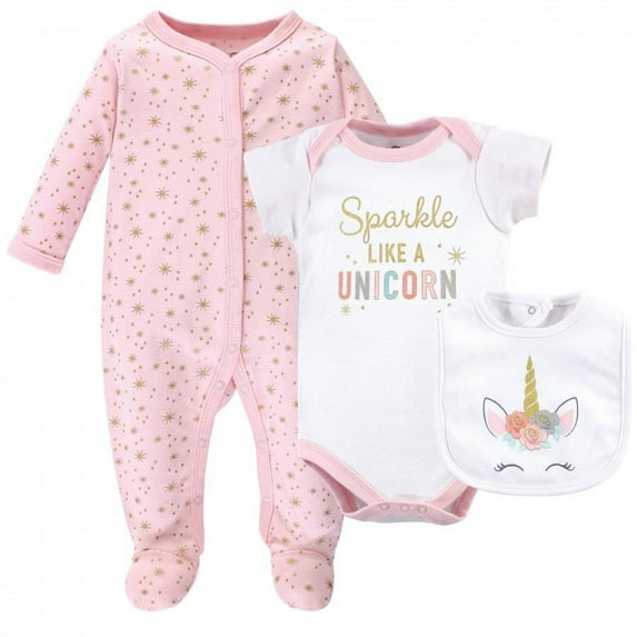 Little Treasure Baby Girl Sleep and Play, Bodysuit and Bib, Unicorn, 6-9 Months