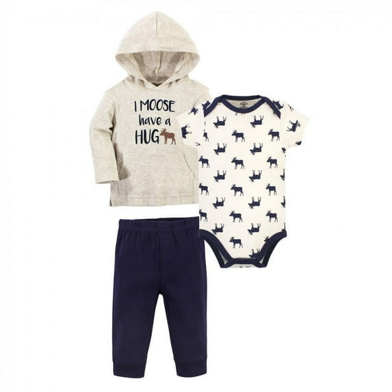 Little Treasure Baby and Toddler Girl Hoodie, Bodysuit or Tee Top, and Pant Set, Moose Hug Baby, 6-9 Months