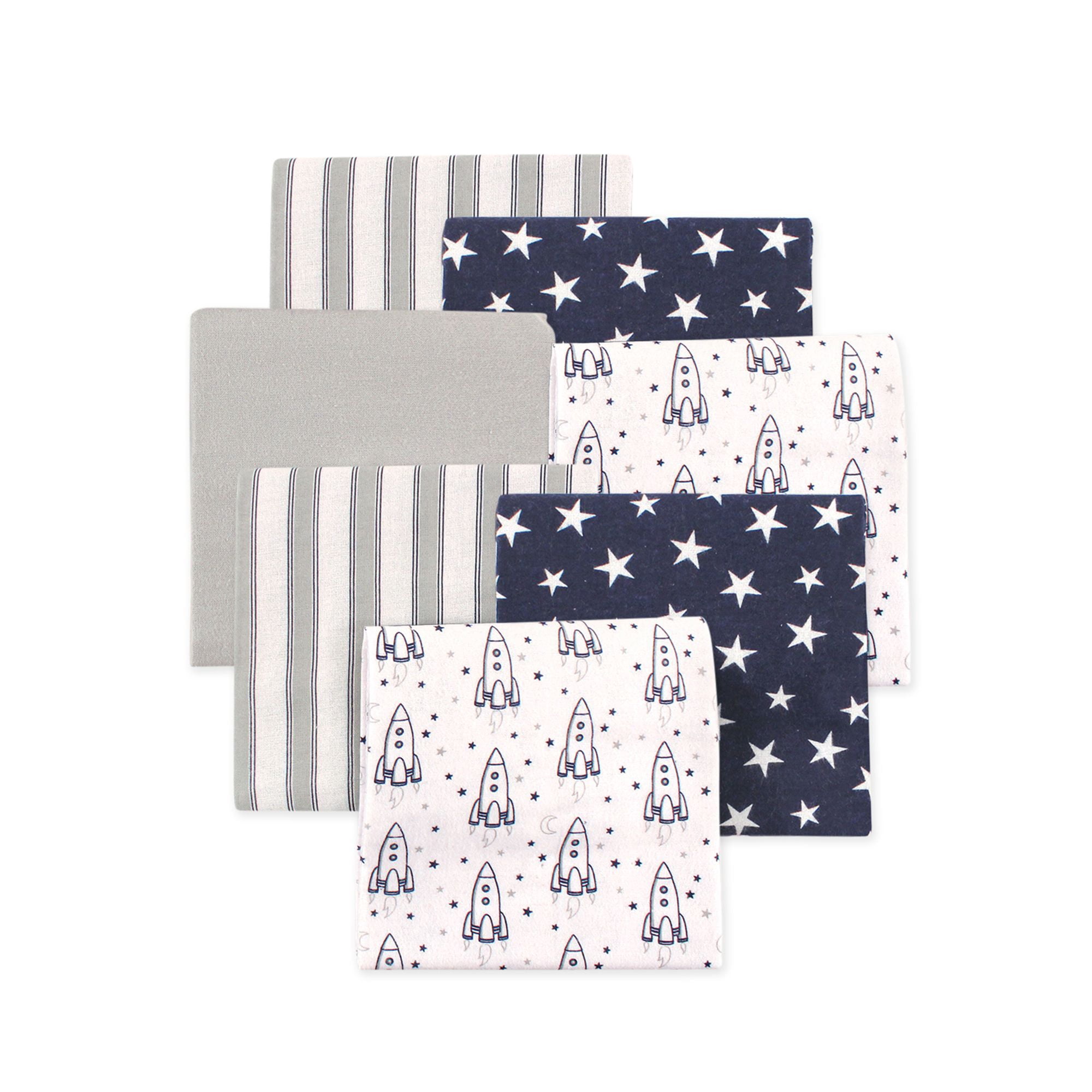 Little Treasure Hudson Baby Cotton Poly Flannel Receiving Blankets Multipack, Blue Rocket Ship, 30x30 inches
