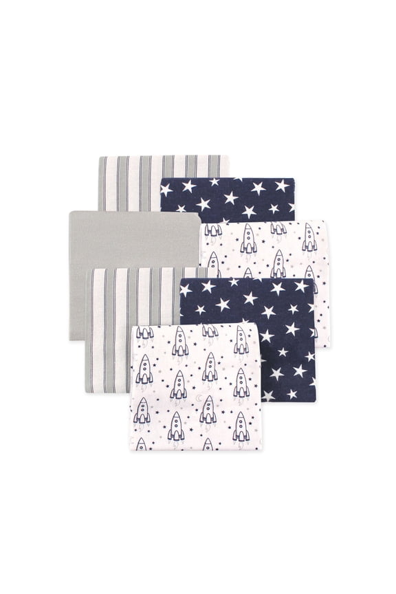 Little Treasure Hudson Baby Cotton Poly Flannel Receiving Blankets Multipack, Blue Rocket Ship, 30x30 inches
