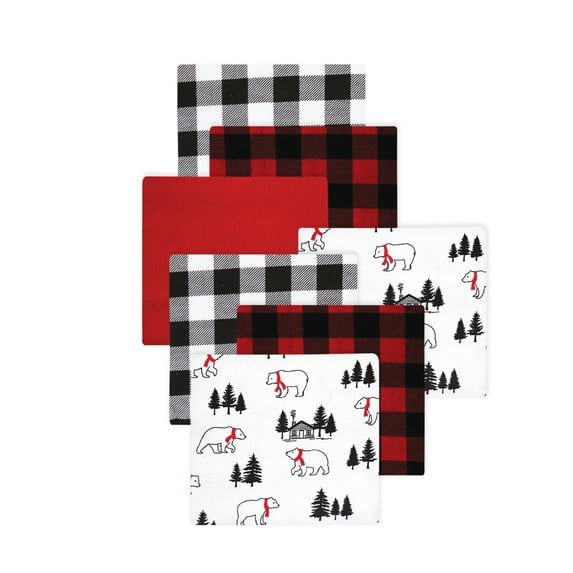 Little Treasure Hudson Baby Boys Cotton Poly Flannel Receiving Blankets 7-Pack, Red Buffalo Plaid Bear, 30x30 inches