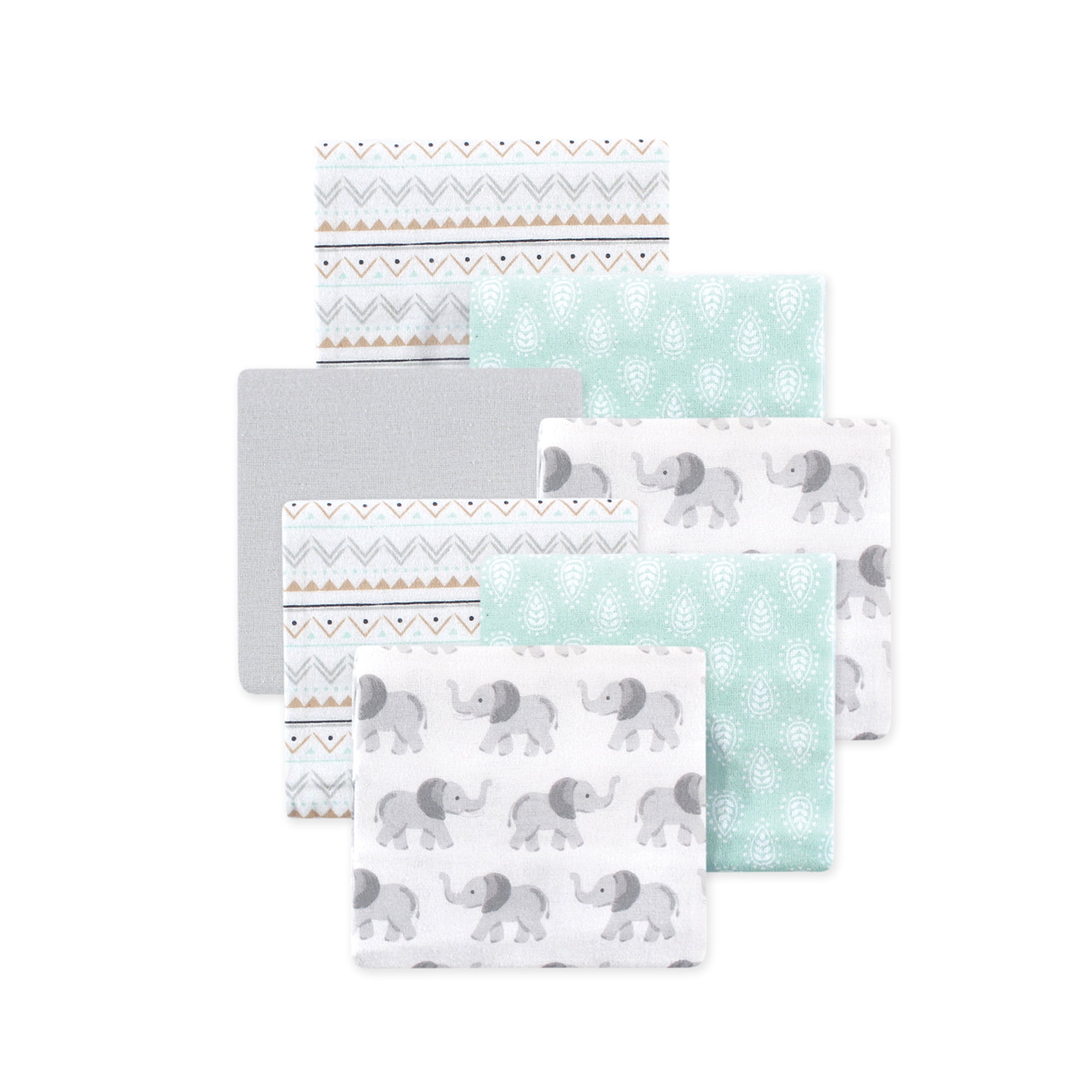 Little Treasure Hudson Baby Cotton Poly Flannel Receiving Blankets 7-Pack, Grey Elephant, 30x30 inches