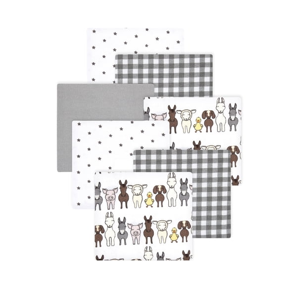 Little Treasure Hudson Baby Cotton Poly Flannel Receiving Blankets 7-Pack, Grey Farm Friends, 30x30 inches