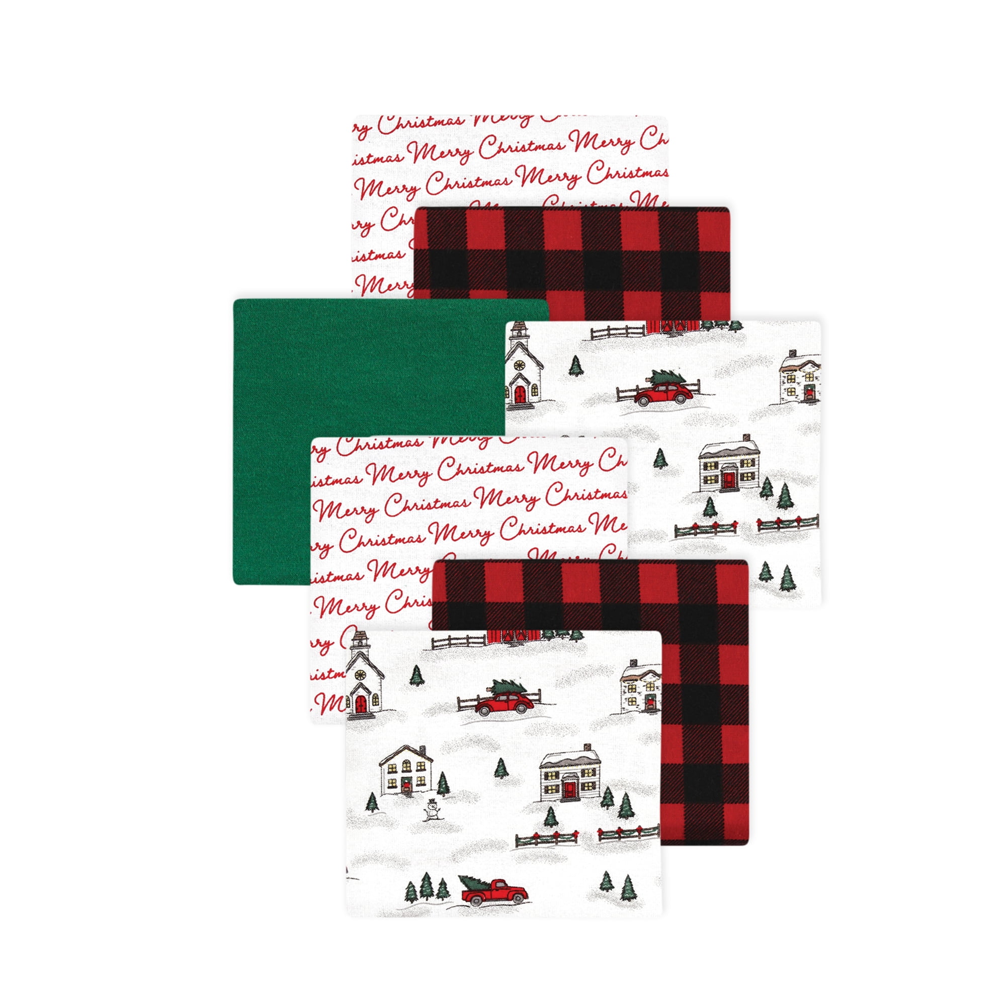 Little Treasure Hudson Baby Cotton Poly Flannel Receiving Blankets 7-Pack, Red Christmas Scene, 30x30 inches