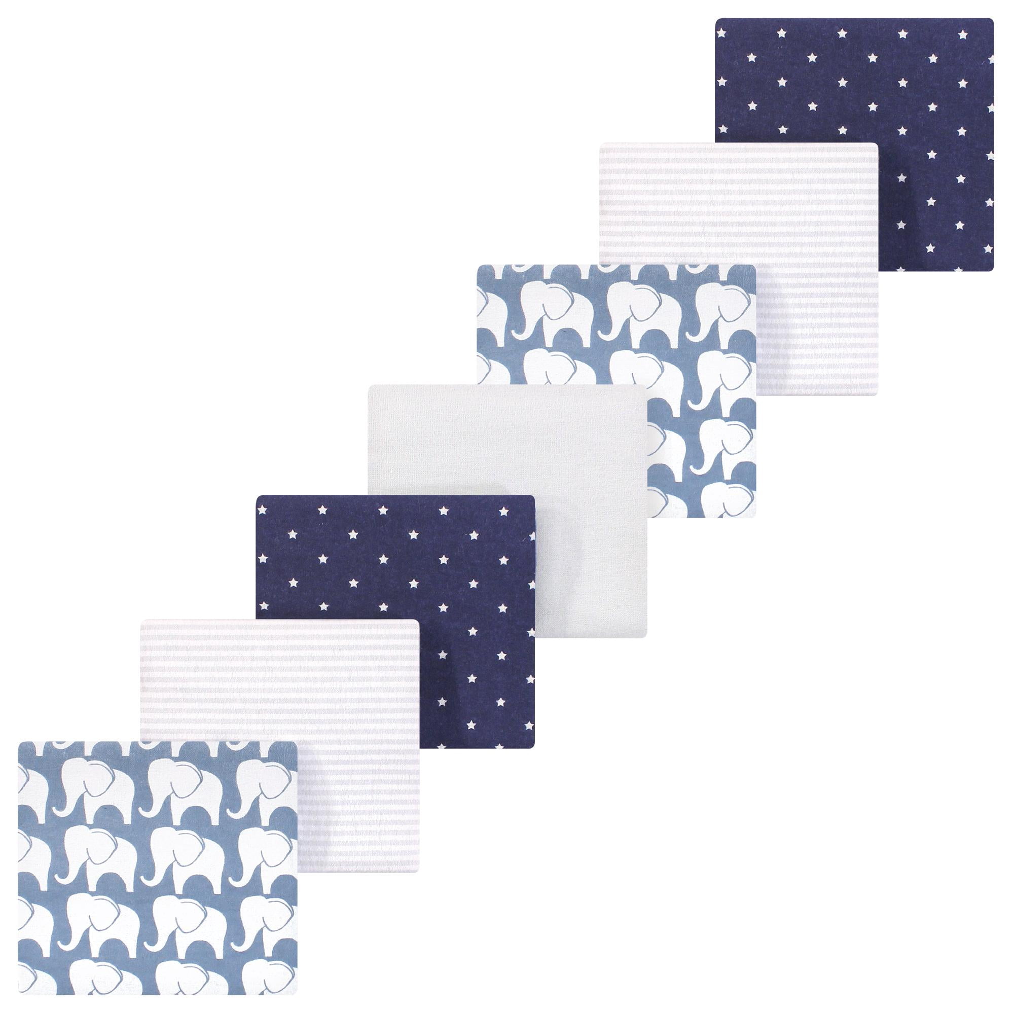 Little Treasure Hudson Baby Cotton Poly Flannel Receiving Blankets Multipack, Blue Elephant, 30x30 inches