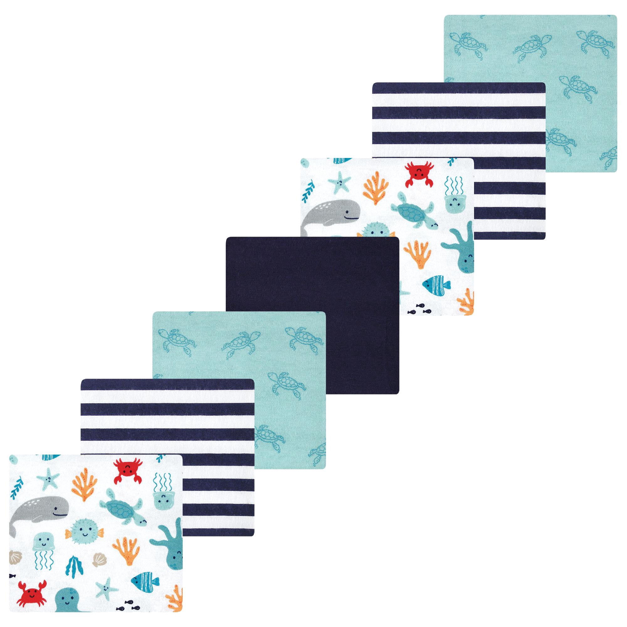 Little Treasure Hudson Baby Cotton Poly Flannel Receiving Blankets Multipack, Blue Sea Characters, 30x30 inches