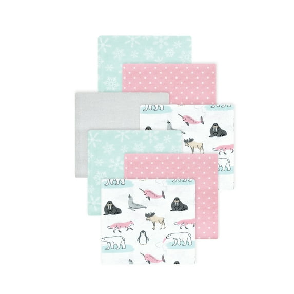 Little Treasure Hudson Baby Girls Cotton Poly Flannel Receiving Blankets 7-Pack, Pink Arctic Animals, 30x30 inches