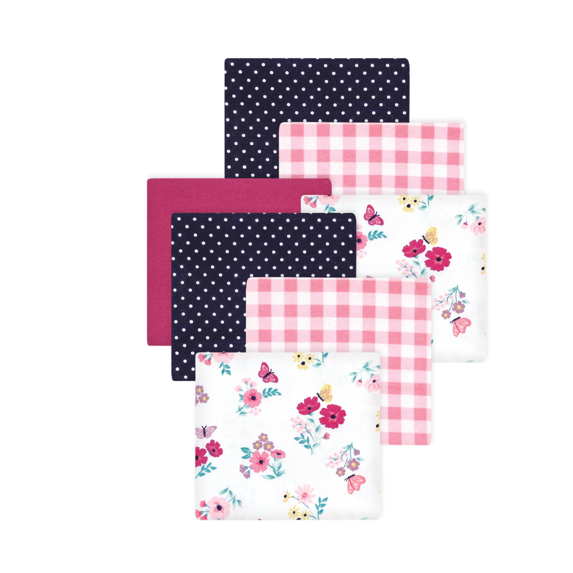 Little Treasure Hudson Baby Cotton Poly Flannel Receiving Blankets Multipack, Pink Butterfly Floral, 30x30 inches