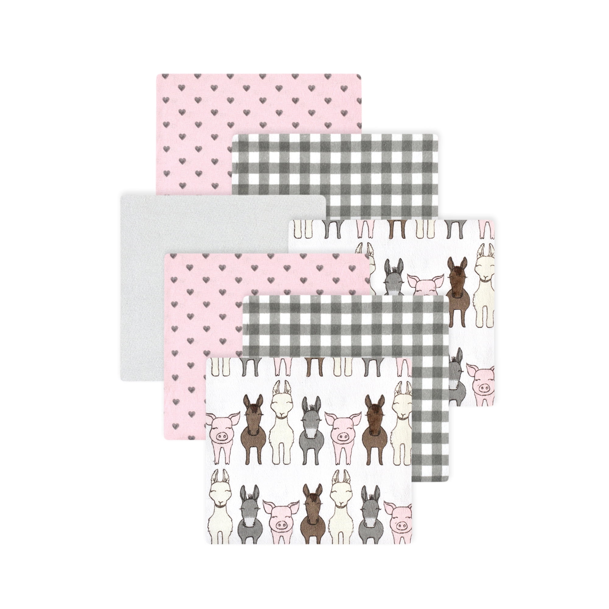 Little Treasure Hudson Baby Girls Cotton Poly Flannel Receiving Blankets 7-Pack, Pink Farm Friends, 30x30 inches