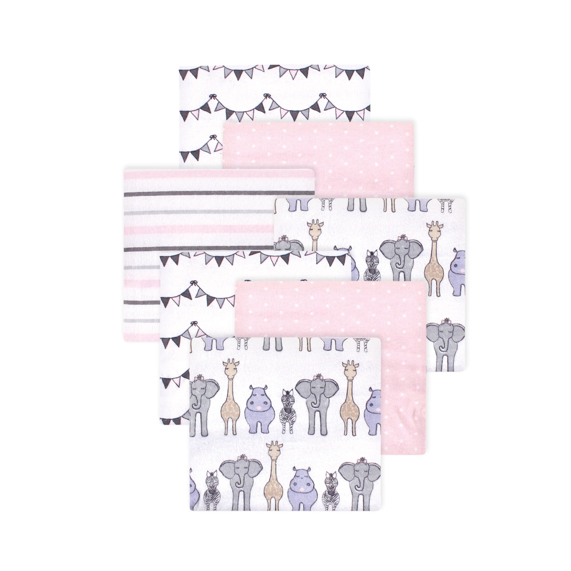 Little Treasure Hudson Baby Girls Cotton Poly Flannel Receiving Blankets 7-Pack, Pink Royal Safari, 30x30 inches