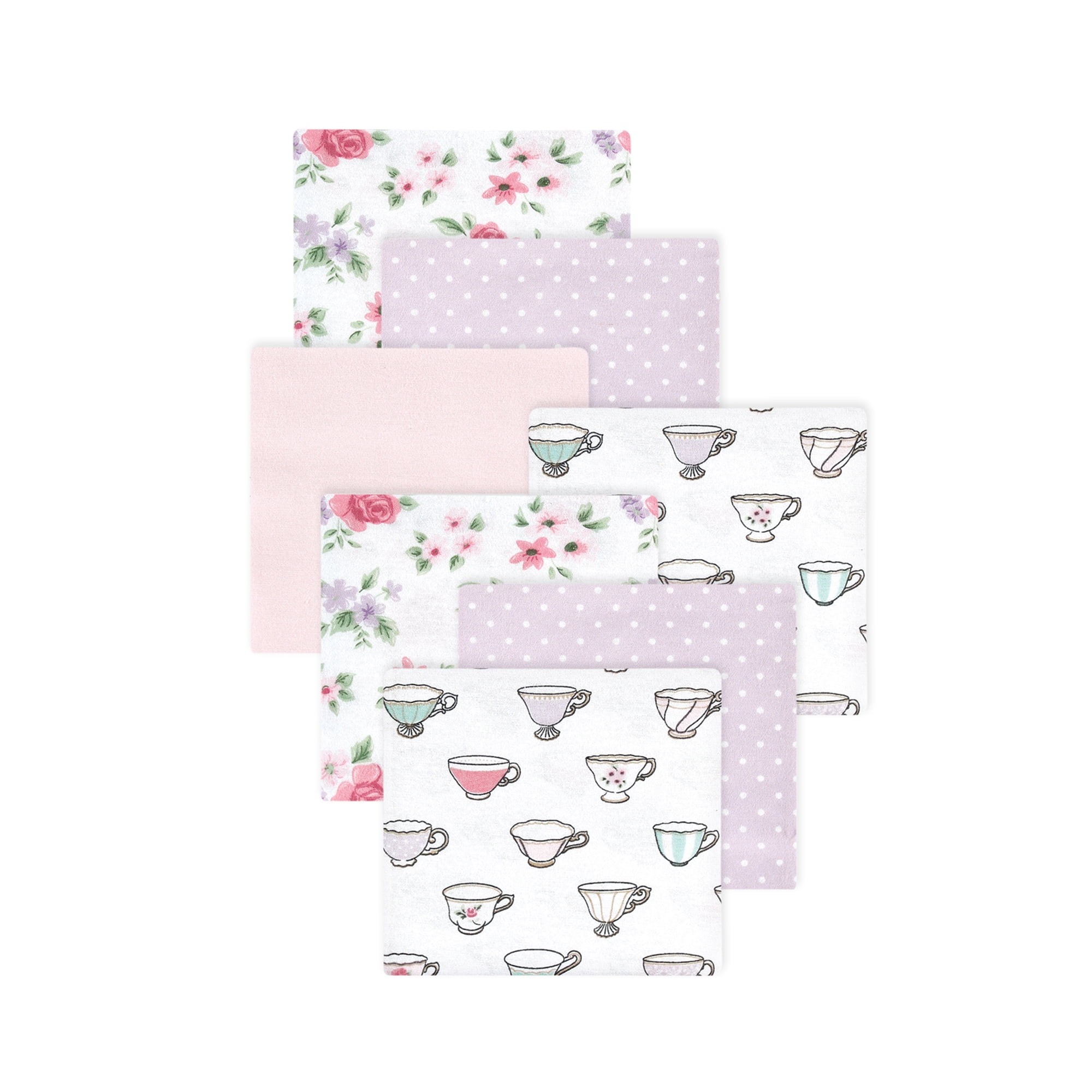 Little Treasure Hudson Baby Cotton Poly Flannel Receiving Blankets Multipack, Purple Tea Party, 30x30 inches