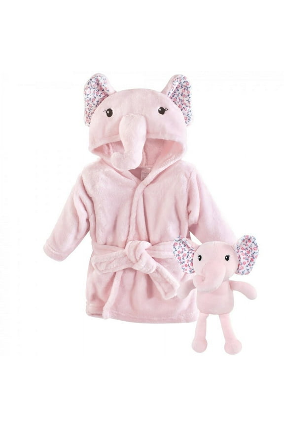 Infant Girl Plush Bathrobe and Toy Set, Floral Elephant, 0-9 Months