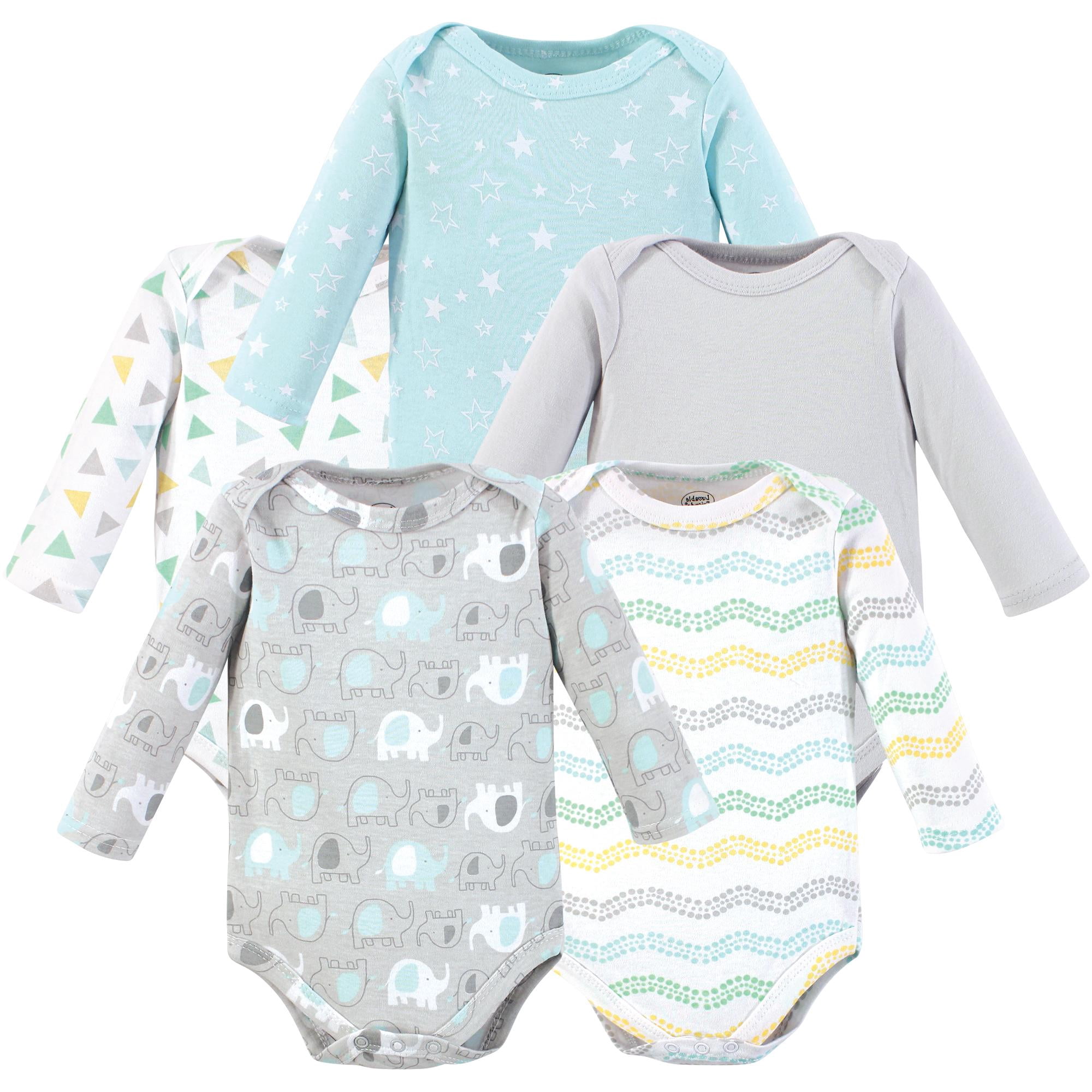 Little Treasure Luvable Friends Long-Sleeve Bodysuits 5pk, Neutral Elephant Print, 3-6M