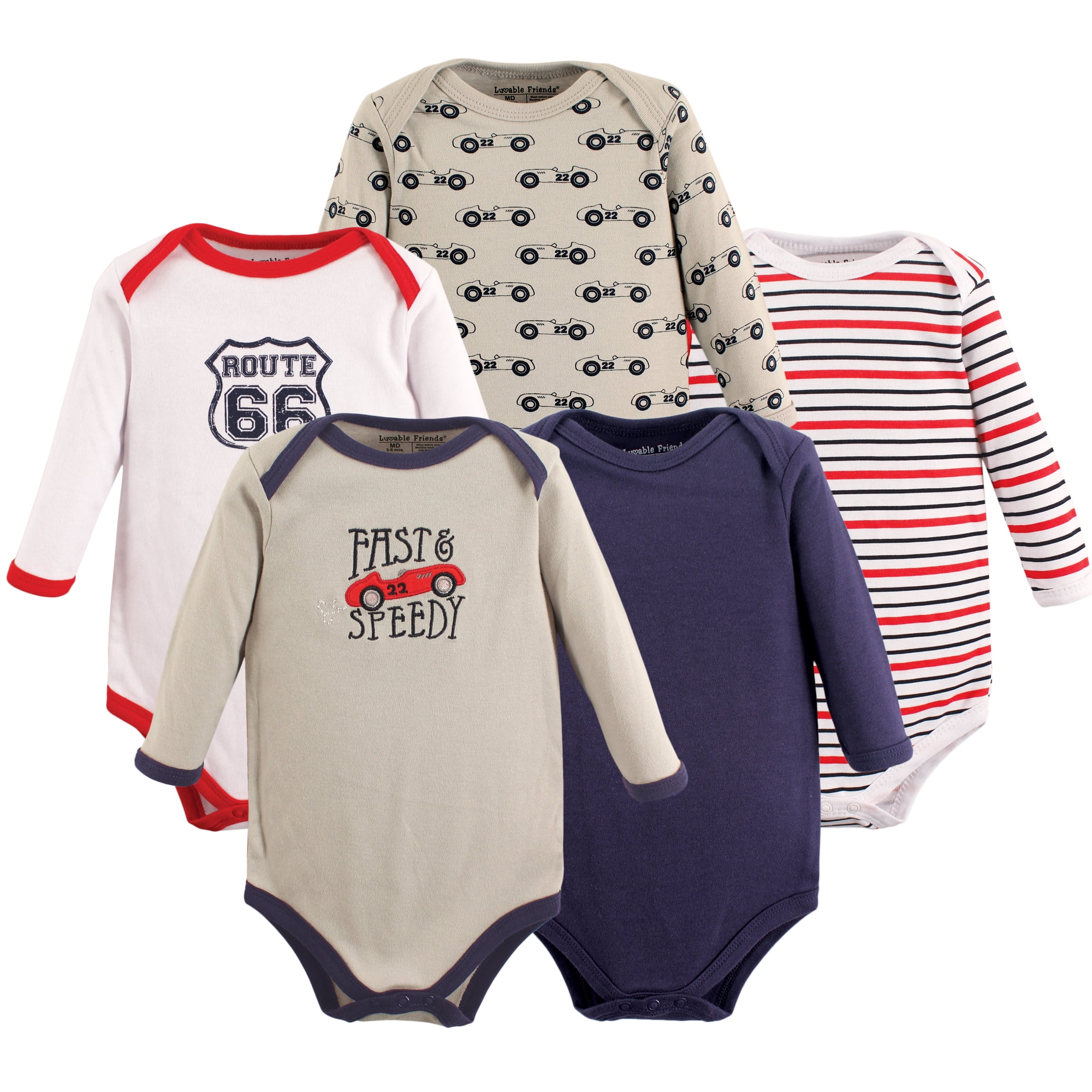 Little Treasure Luvable Friends Long-Sleeve Bodysuits 5pk, Speedy Car, 9-12M