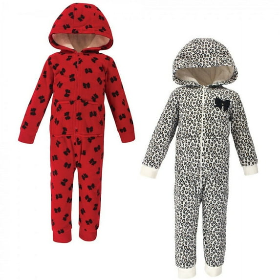 Little Treasure Toddler Girl Fleece Jumpsuits and Coveralls 2pk, Leopard Bow, 5 Toddler