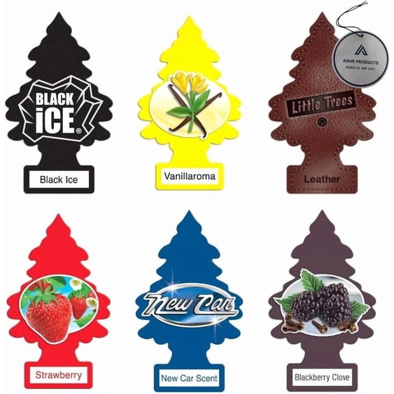 Little Tree 6 most popular scents for Home, Car, Van, Truck, RV Air Fresheners Black Ice | Blackberry Clove | New Car Scent | Vanillaroma | Leather | Strawberry AHSR Products Bundle Set