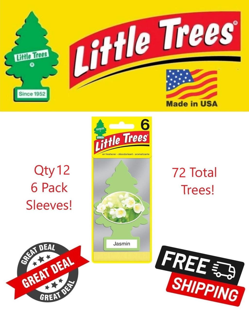 Little Trees 60433 Jasmin Scented Hanging Air Freshener for Car & Home 72 Pack!