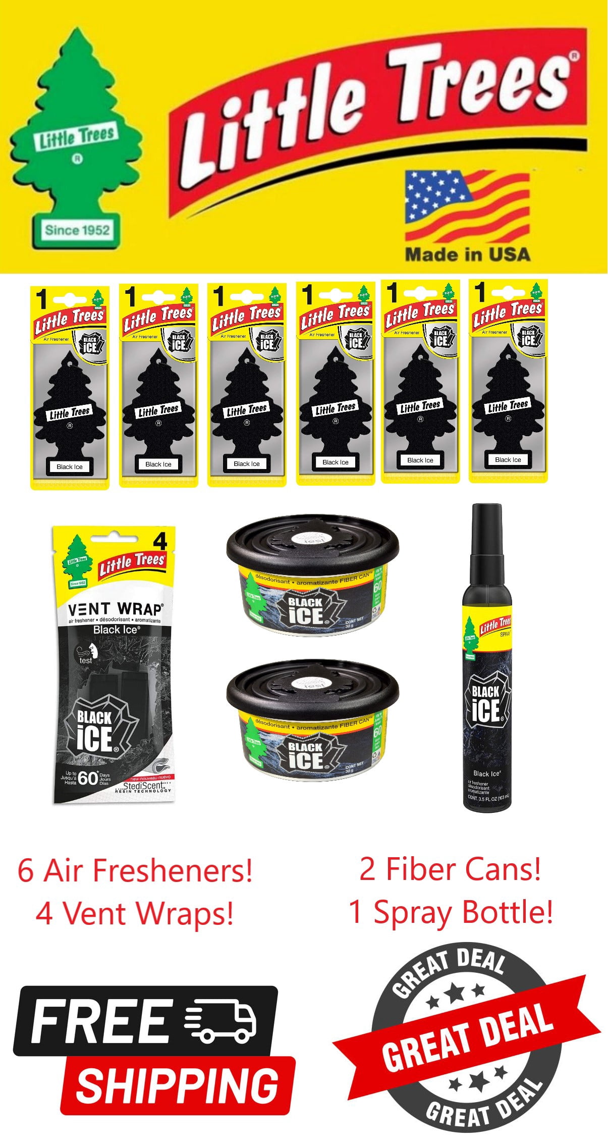 Little Trees Black Ice Air Freshener, Fiber Cans, Vent Wrap & Spray Kit