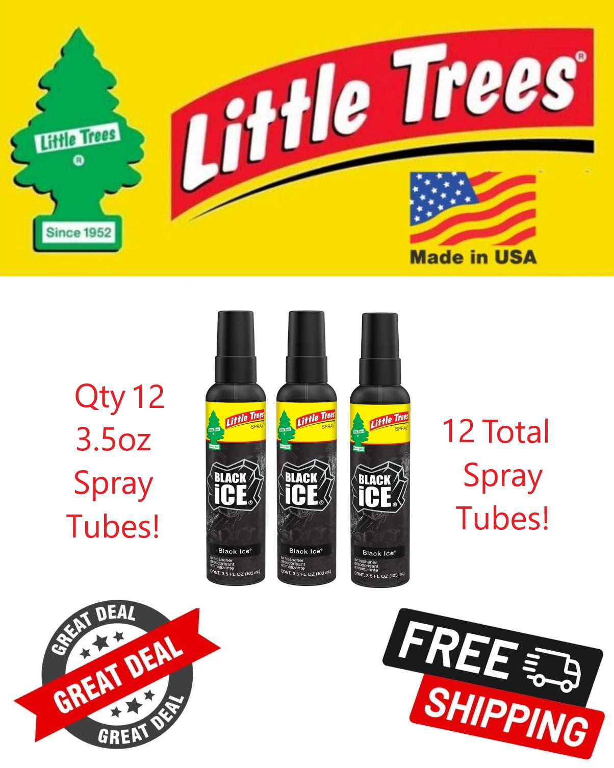 Little Trees Black Ice Scent Car Spray Air Fresheners Non-Aerosol 3.5oz 12 PACK