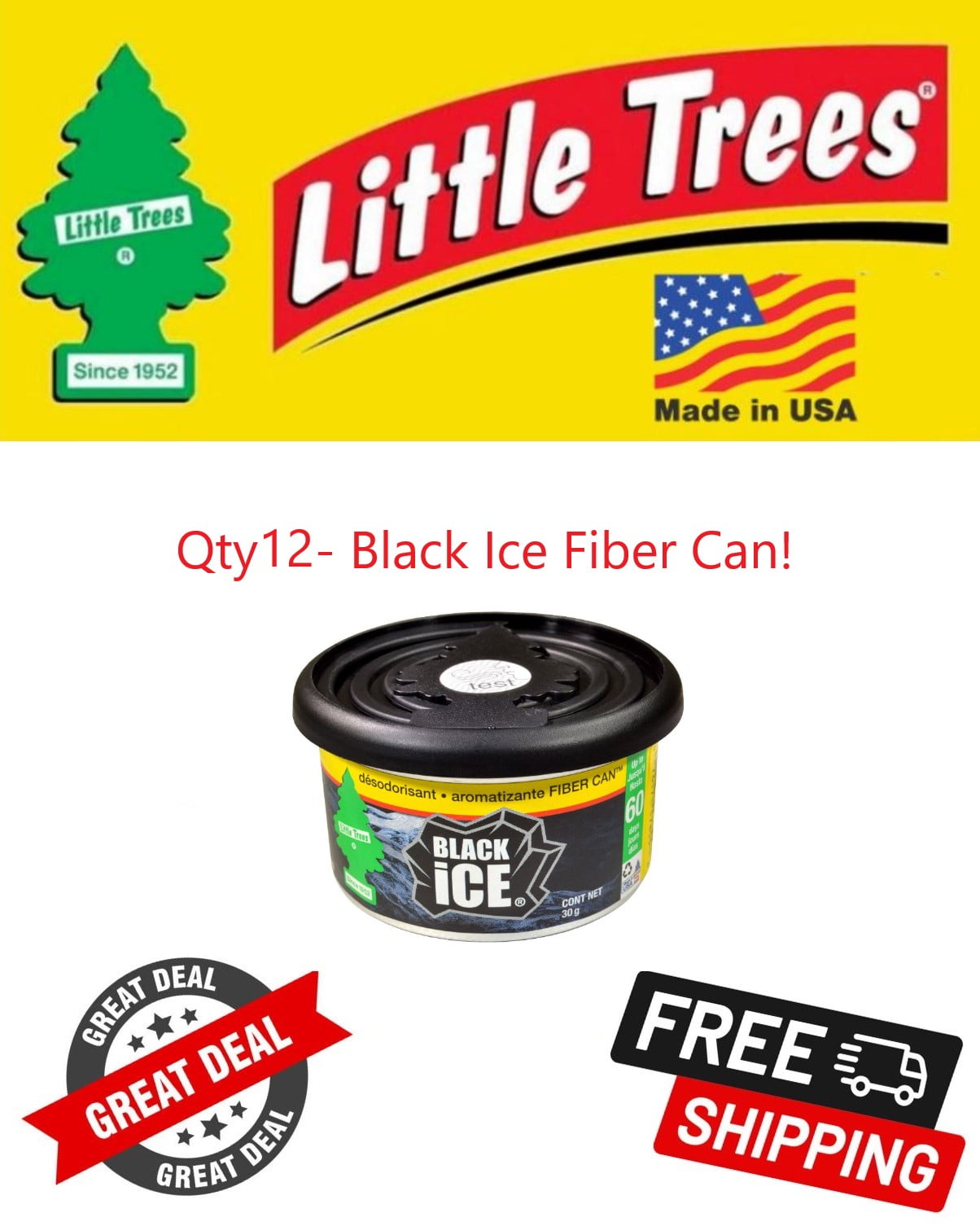 Little Trees Black Ice Scented Fiber Can Air Freshener for Home & Car 12 PACK!