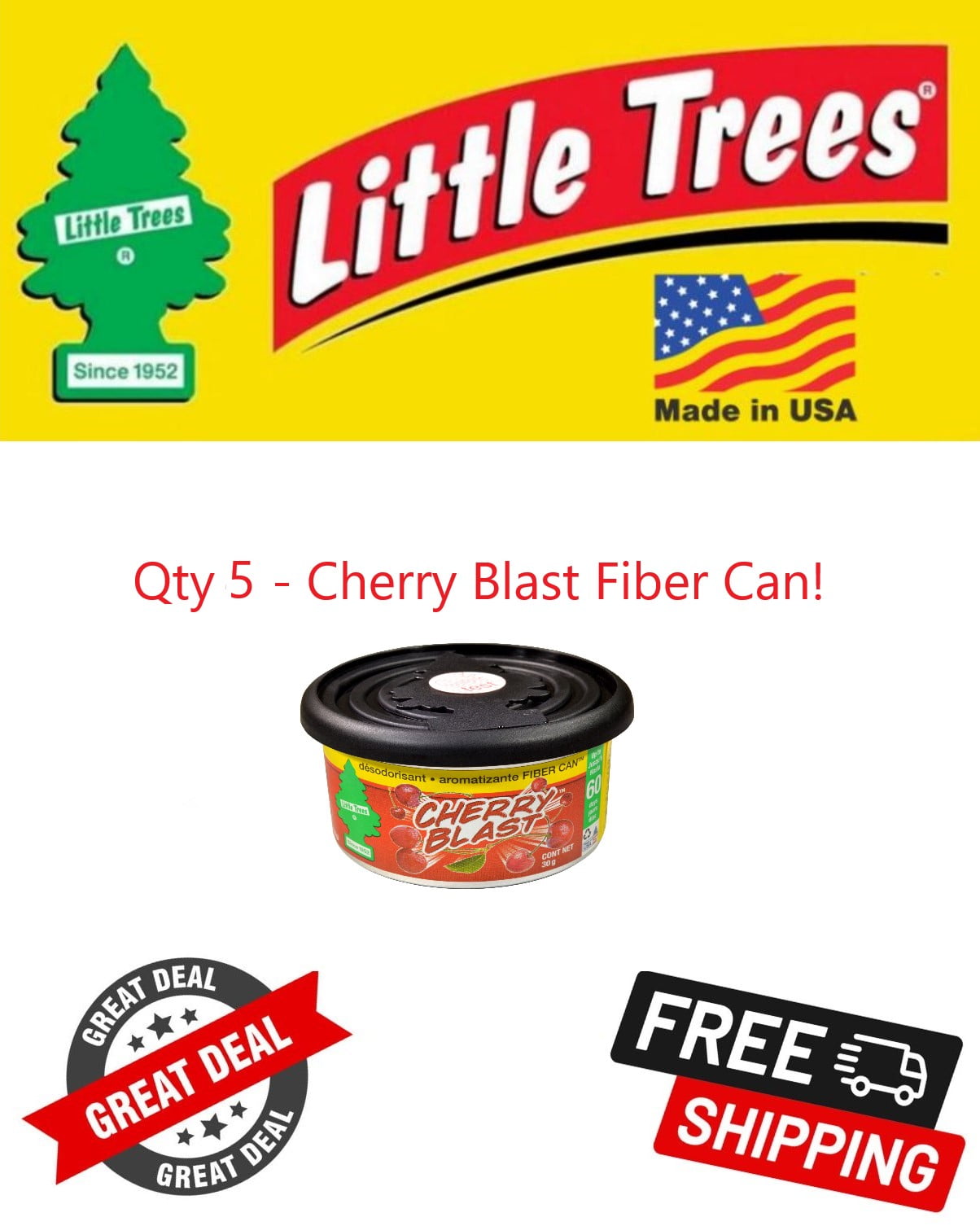 Little Trees Cherry Blast Scented Fiber Can Air Freshener for Home & Car 5 PACK!