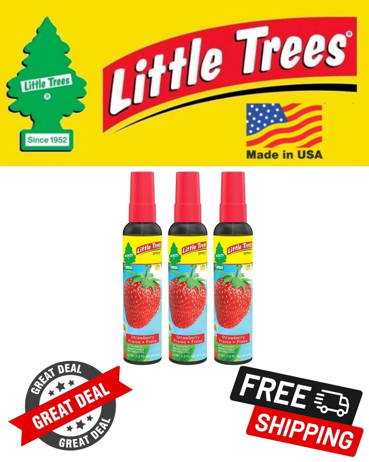Little Trees Strawberry Scent Car Spray Air Fresheners Non-Aerosol 3.5oz 3 PACK