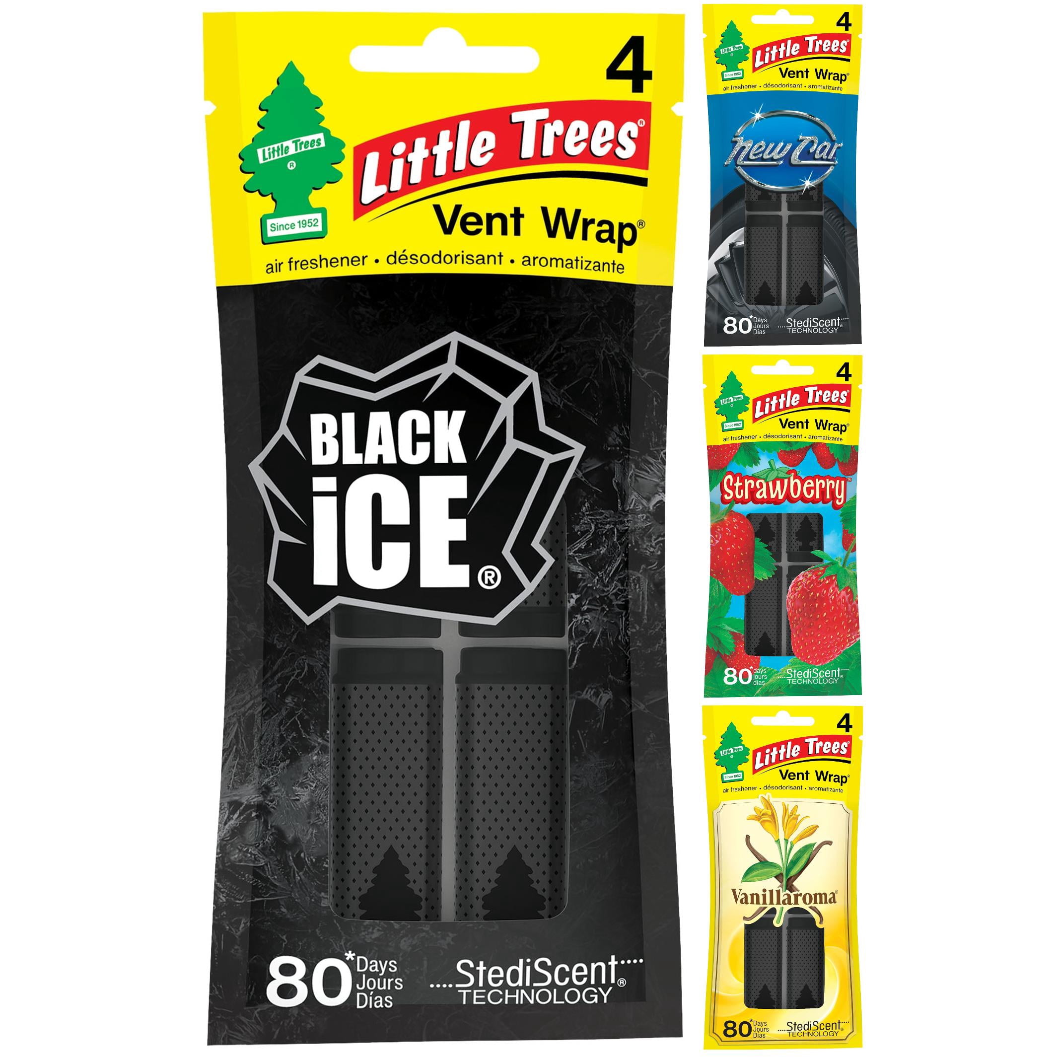 Little Trees Vent Wrap 4-Pack – Assorted Scents: Black Ice, New Car Scent, Vanillaroma, Strawberry – Long-Lasting Air Fresheners for Cars, Trucks & Home Use