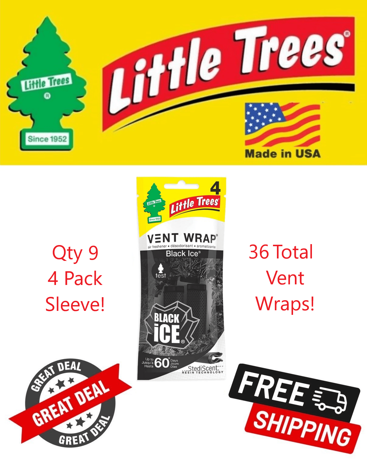 Little Trees Vent Wrap Air Freshener for Car & Home Black Ice Scented - 36 Pack!