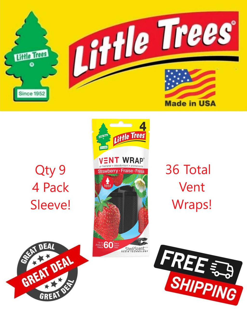 Little Trees Vent Wrap Strawberry Scent Air Freshener for Car & Home - 36 Pack!