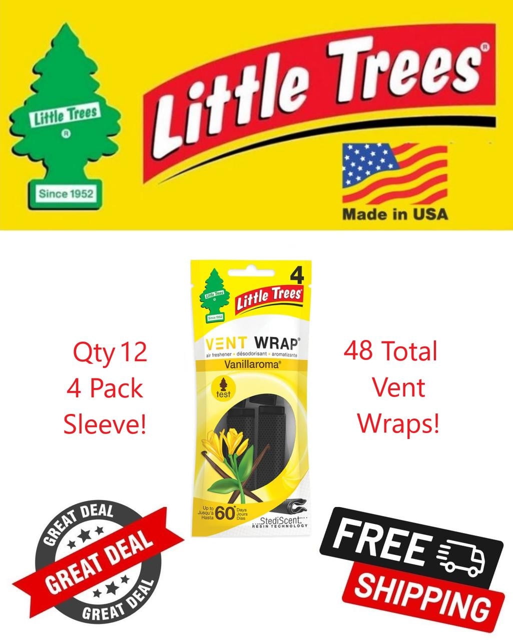 Little Trees Vent Wrap Vanillaroma Scent Air Freshener for Car & Home - 48 Pack!