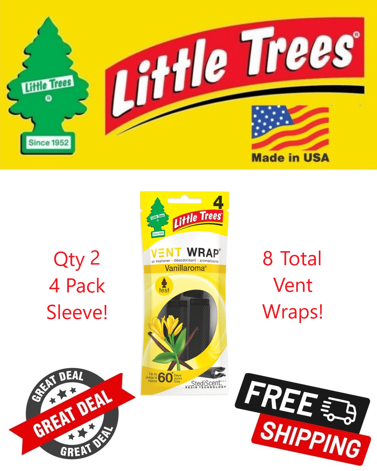 Little Trees Vent Wrap Vanillaroma Scent Air Freshener for Car & Home - 8 Pack!