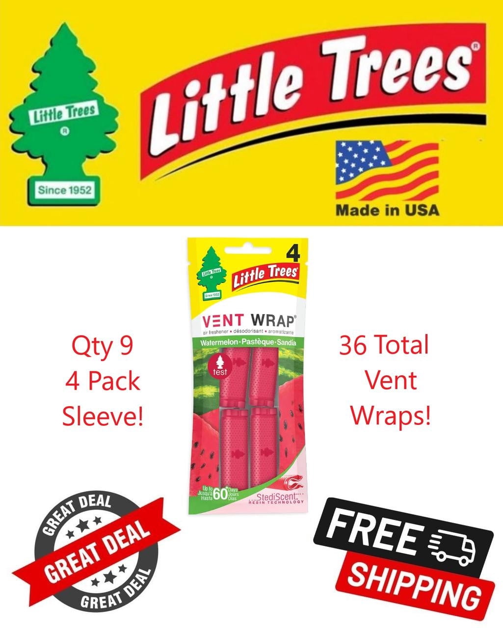 Little Trees Vent Wrap Watermelon Scent Air Freshener for Car & Home - 36 Pack!