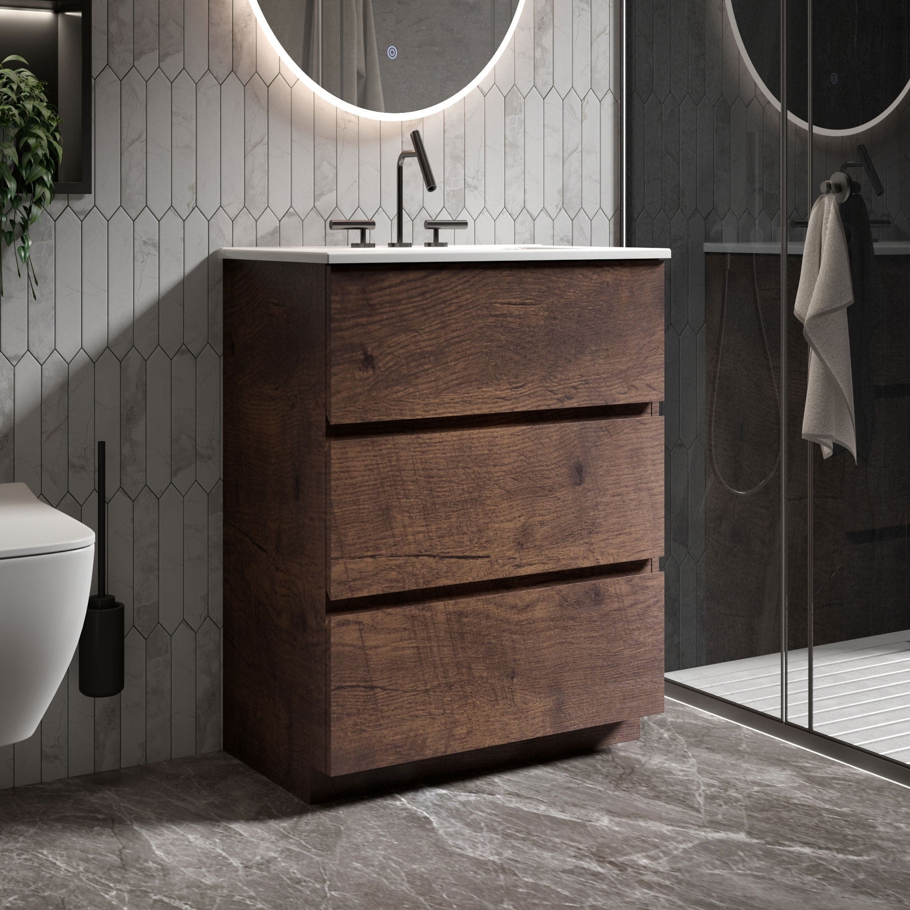 CITTANEO 24" Bathroom Vanity with Ceramic Sink, Contemporary Bathroom Cabinet with 3 Drawers, Walnut